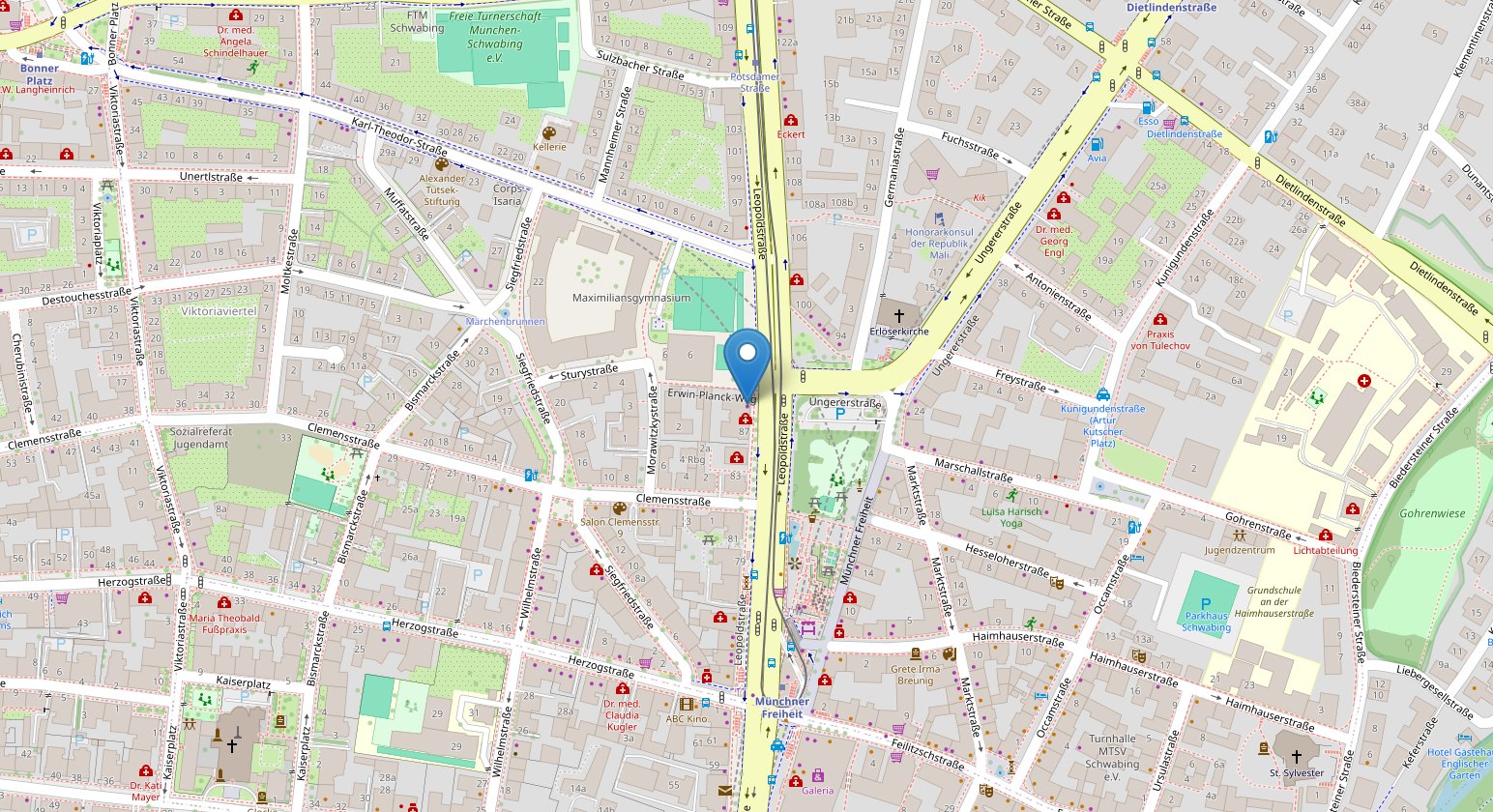 Karte mit dem Standort der Kanzlei: Leopoldstraße 87, 80802 München